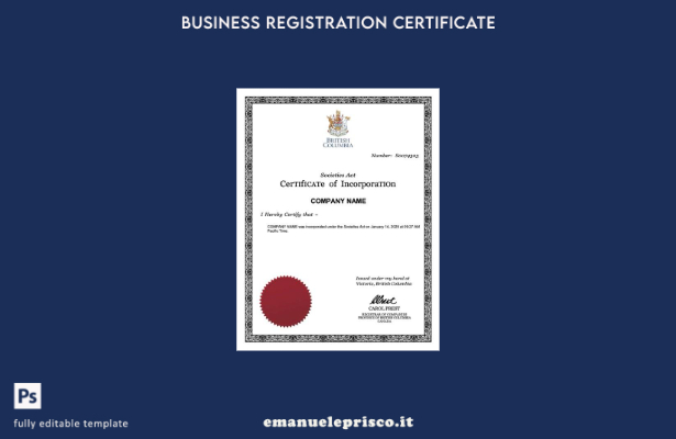 stile verificato Certificato di incorporazione della Columbia Britannica Model 1